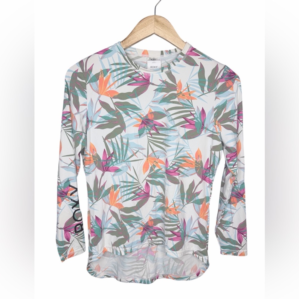 Roxy White Tropical Long Sleeve Rash Guard with Pink & Orange Floral Print